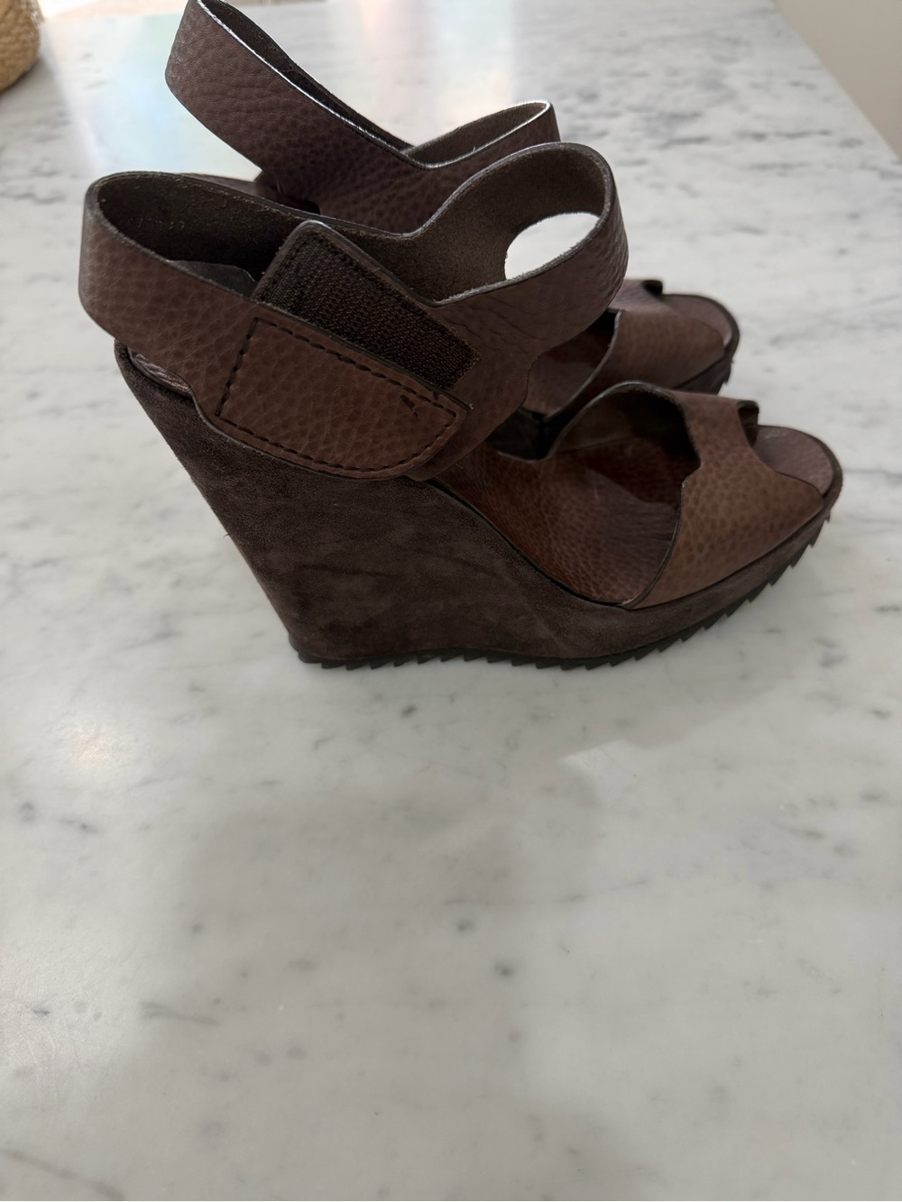 Pedro Garcia Vevay Brown Leather Wedge Sandals with Velcro Ankle Strap